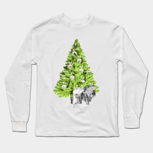 Pomeranian Dog Christmas scene with Christmas tree and Santa hat Long Sleeve T-Shirt